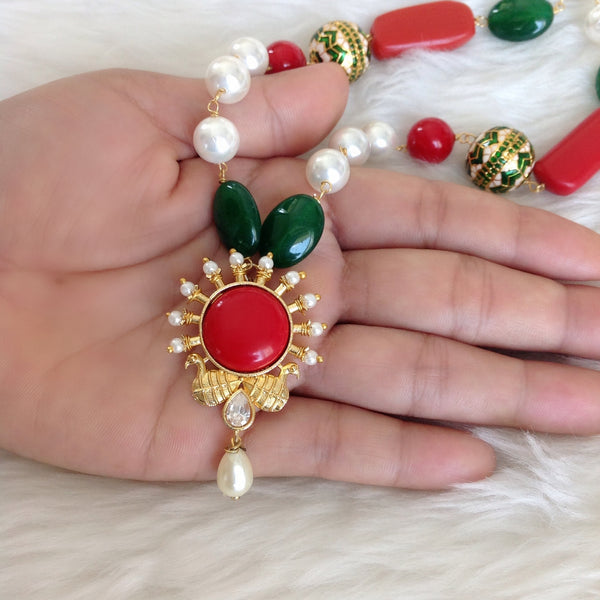 Regal Peacocks in Green Red with White Pearl Necklace