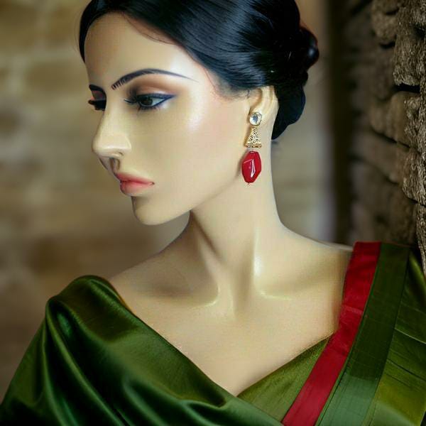 Fancy Red and Hand Carved Golden Beads with Kundan Earrings