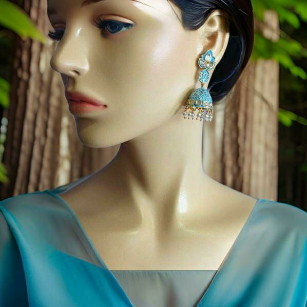 Sky Blue Enamel Golden Jhumka Earrings