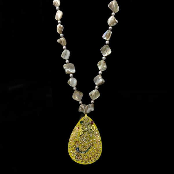 Charismatic MOP with Yellow Heavily hand-worked Stone Pendant Necklace