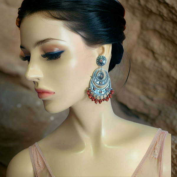 Ornamental Red Silver Chandbaali Long Earrings