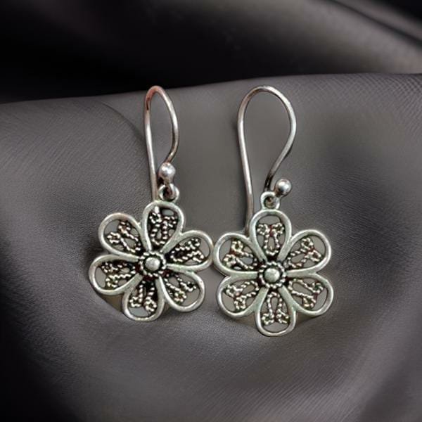 Small Flower Design 925 Silver Drop Earrings