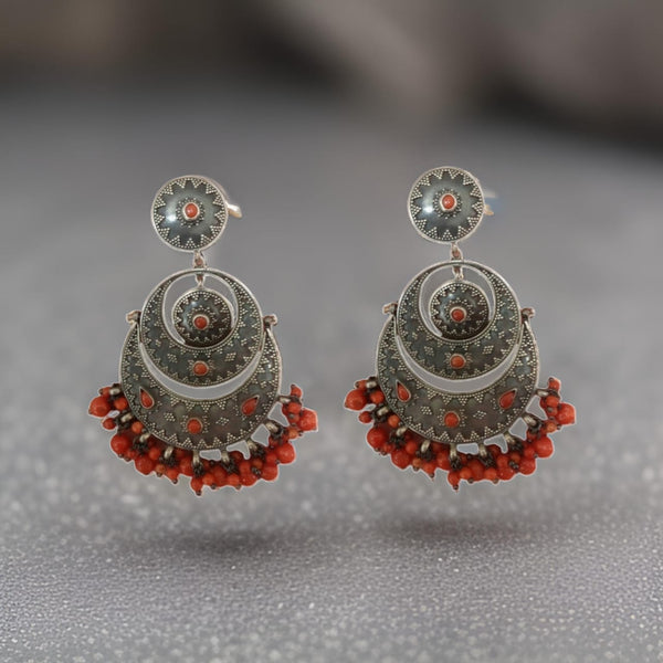 Ornamental Red Silver Chandbaali Long Earrings