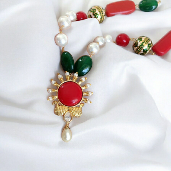 Regal Peacocks in Green Red with White Pearl Necklace