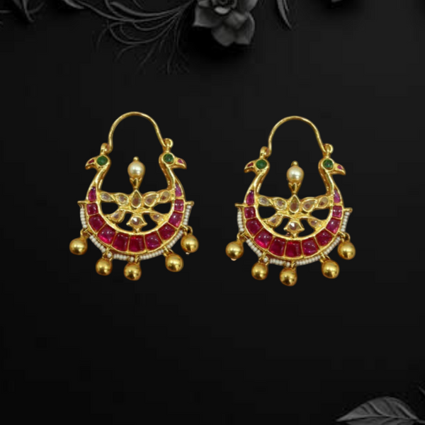 Pink and Green Peacock Faces Chandbali Earrings