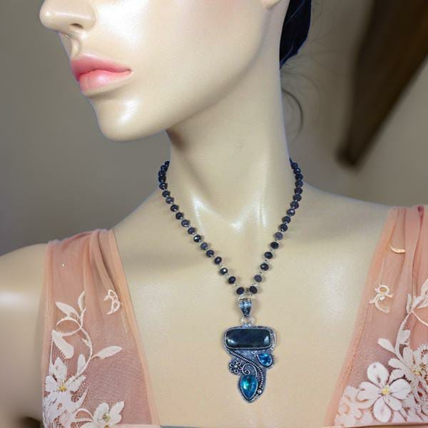 Droplets of Azure Blue  and Grey Stone Necklace