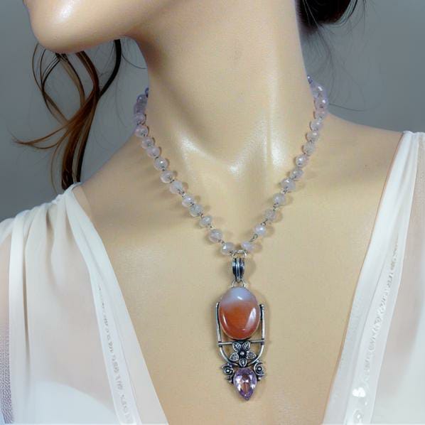 Ravishing Rose Quartz Beads Tangerine Pendant Necklace