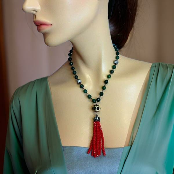 Gorgeous Green Gems with Beaded Red Tassel Necklace