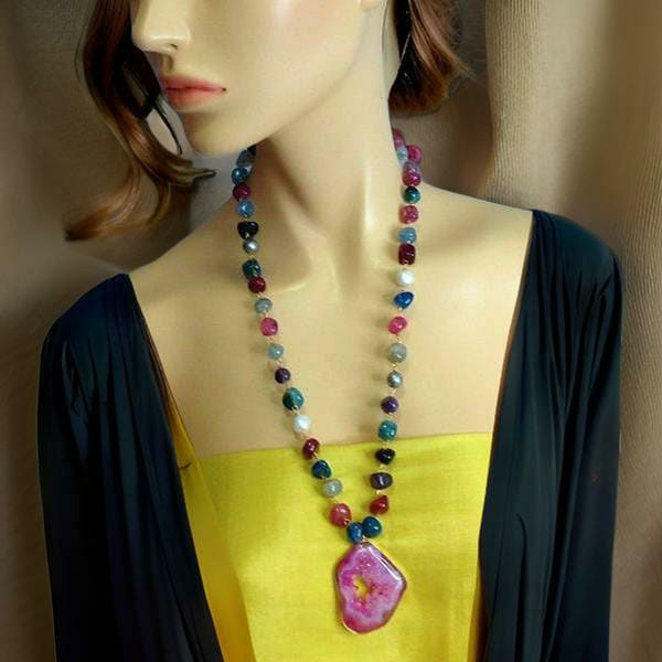 Bold Baroque Pearl With Druzy Pendant Multicolor Gemstones Necklace