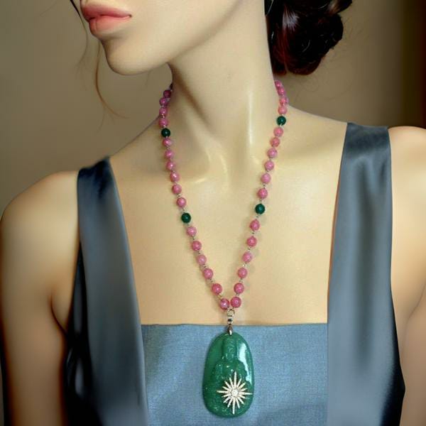 Periwinkle Pink Enlighted Buddha Green Pendant Necklace