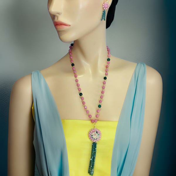 Rose Pink Floral Blue Tassel Necklace