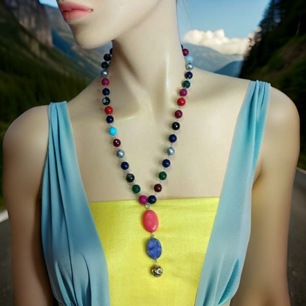 Gorgeous Multicolour Gemstones Druzy Pendant Necklace