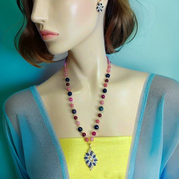 Luminent Shades of Pink with Blue Zircon Studded Pendant Necklace Set