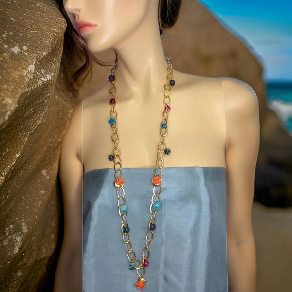 Delicious Multicolored Gemstone Chain Rose Coral Necklace