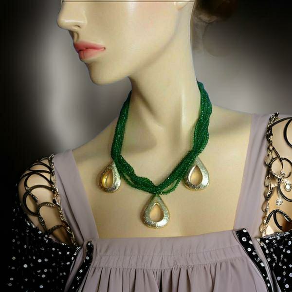 Parakeet Green Beads Golden Droplet Pendant Necklace