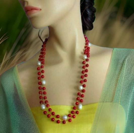 Red Synthetic Coral Beads With Fresh Water Pearl