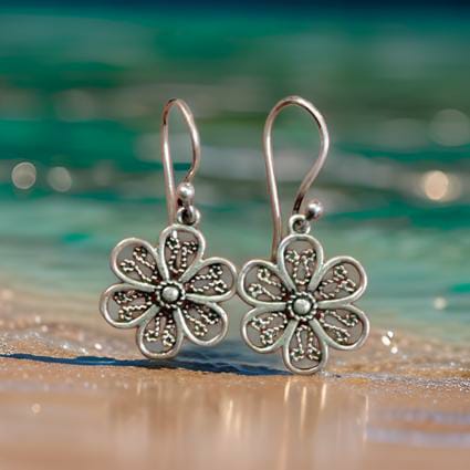 Small Flower Design 925 Silver Drop Earrings