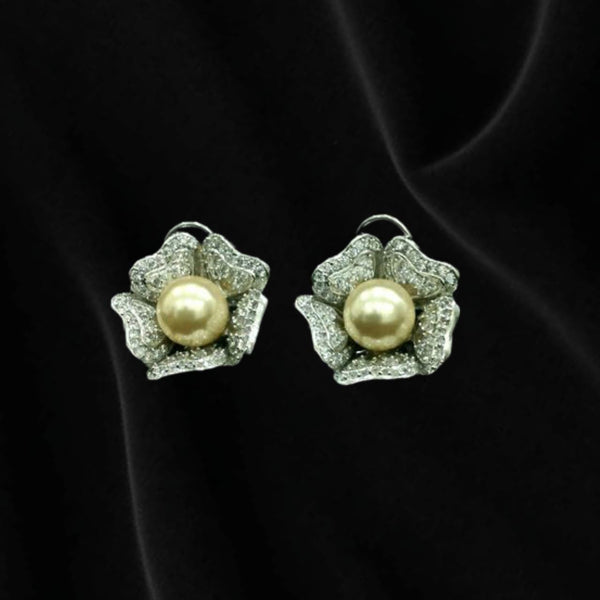 Charming Golden Pearl in Floweret Crystal Stud Earrings