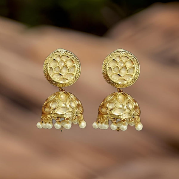 Golden Touch of Enamel Kundan and Pearls Jhumka Earrings