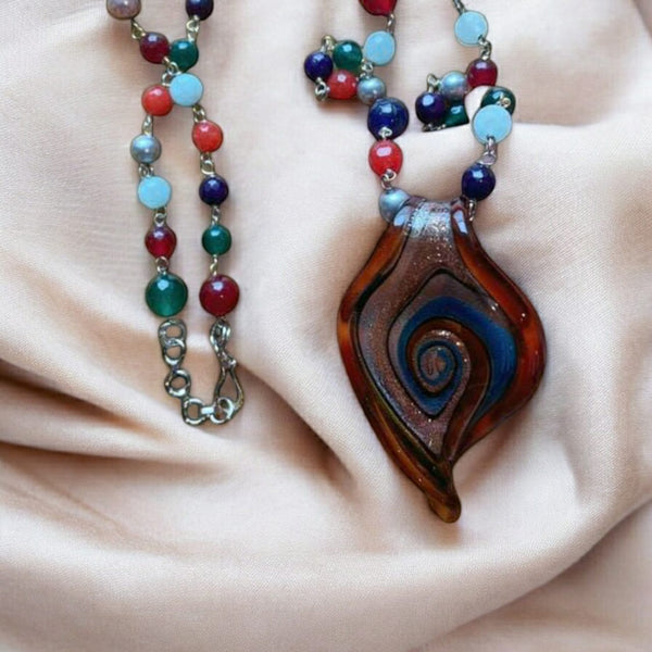 Tantalizing Ripples of Brown Blue Waves Pendant Necklace