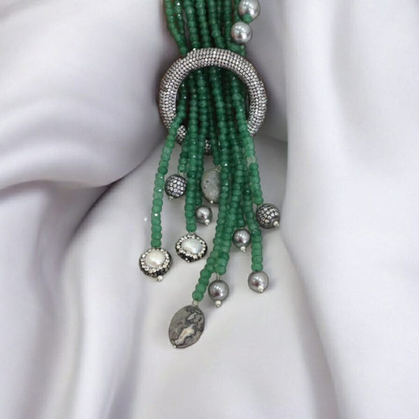 Parakeet Green Gemstone Silver Pearl Crystal Ring Necklace