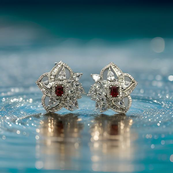 Spherical Floret Ruby Red Stone With Crystal Stud Earrings