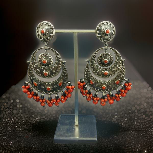 Ornamental Red Silver Chandbaali Long Earrings