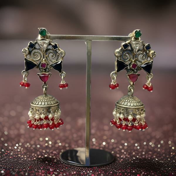 Fabulous Blue Red and Silver Jhumka Long Earrings