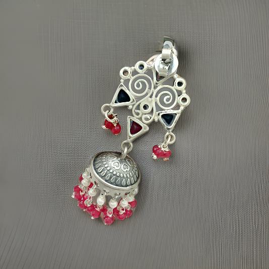 Fabulous Blue Red and Silver Jhumka Long Earrings