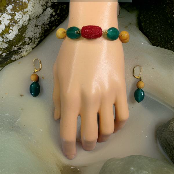 Emerald Green and Yellow with Red Coral Bracelet Set