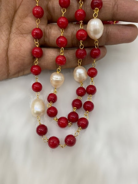 Red Synthetic Coral Beads With Fresh Water Pearl – Deara Fashion Accessories