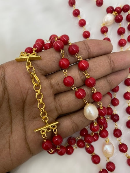 Red Synthetic Coral Beads With Fresh Water Pearl – Deara Fashion Accessories