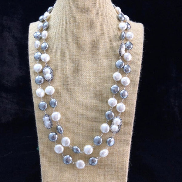 2 Stranded Silver Shell Pearl And Freshwater Pearl Necklace