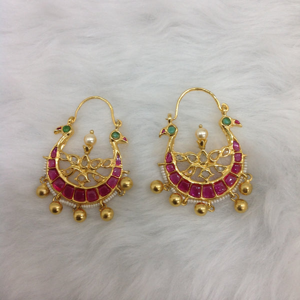 Pink and Green Peacock Faces Chandbali Earrings