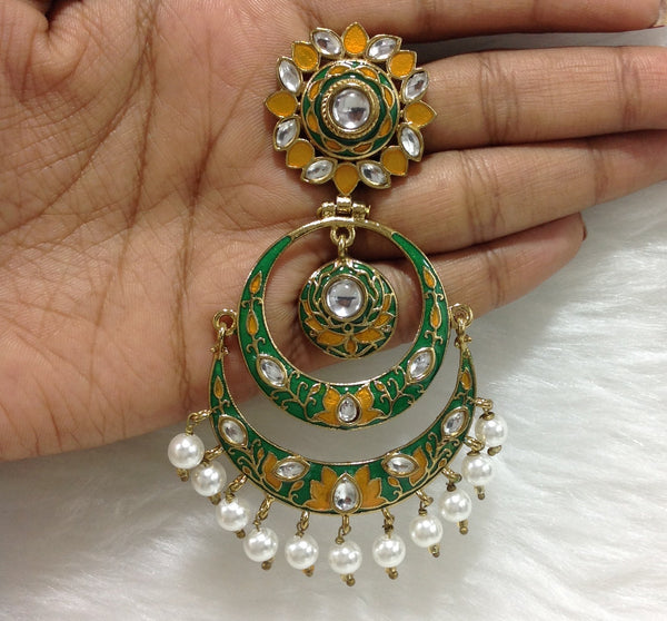 Ethnic Green And Yellow Gold Plated Chandbali Pearl Earrings